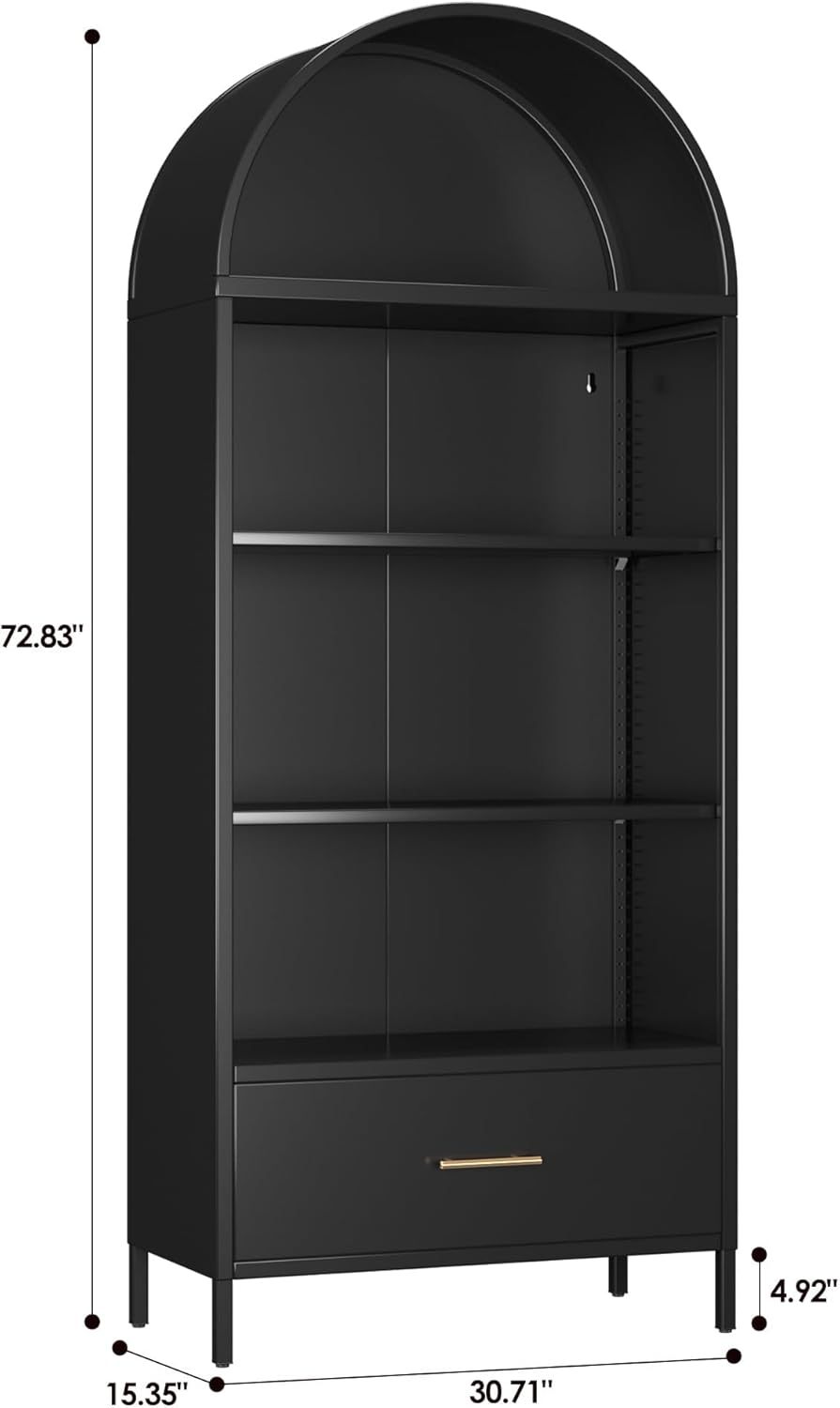 US Local Metal Arched Bookshelf, Accent Arch Kitchen Pantry Cabinet With Drawer For Home Office Bar Living Room Farmhouse Black