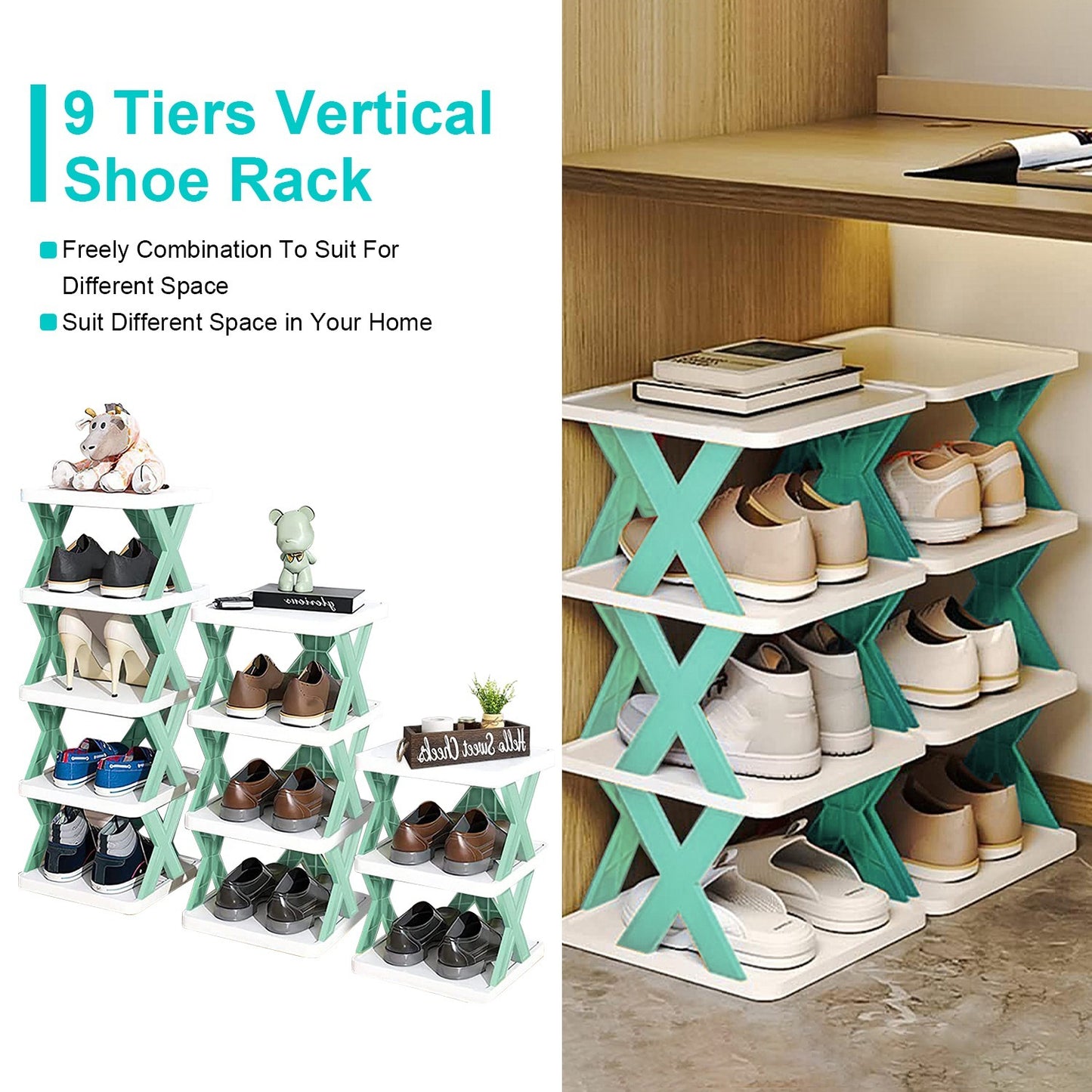 US Local 1Pc 9Tier Narrow Entryway Shoe Rack Plastic Vertical Shoe Organizer Space Saving Free Standing Shoes Storage Shelf Closet Hallway