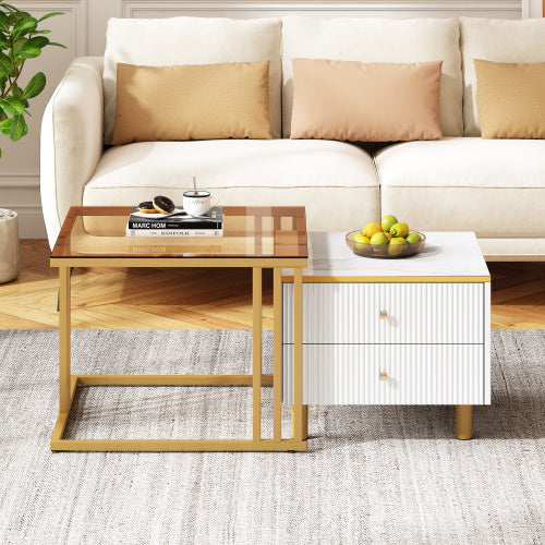 UK Local Coffee Table Set Of 2, Nesting Coffee Table With Marble Pattern, Modern Gold Nesting Side Table, Coffee Table With Drawer, Metal Frame Square End Table, Center Tables For Living Room,Bedroom And Small