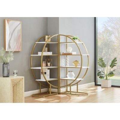 US Local 4 Tiers Home Office Open Bookshelf, Round Shape, Different Placement Ways, MDF Board, Gold Metal Frame, Golden