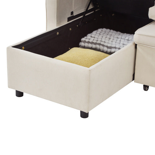 UK Local L-Shaped Pull Out Sleep Sofabed, Modern Reversible Sleeper Sectional Sofa, 3 In 1 Convertible Sofa Bed With Storage Chaise, Drop-Down Table, Cup Holders And Charging Ports