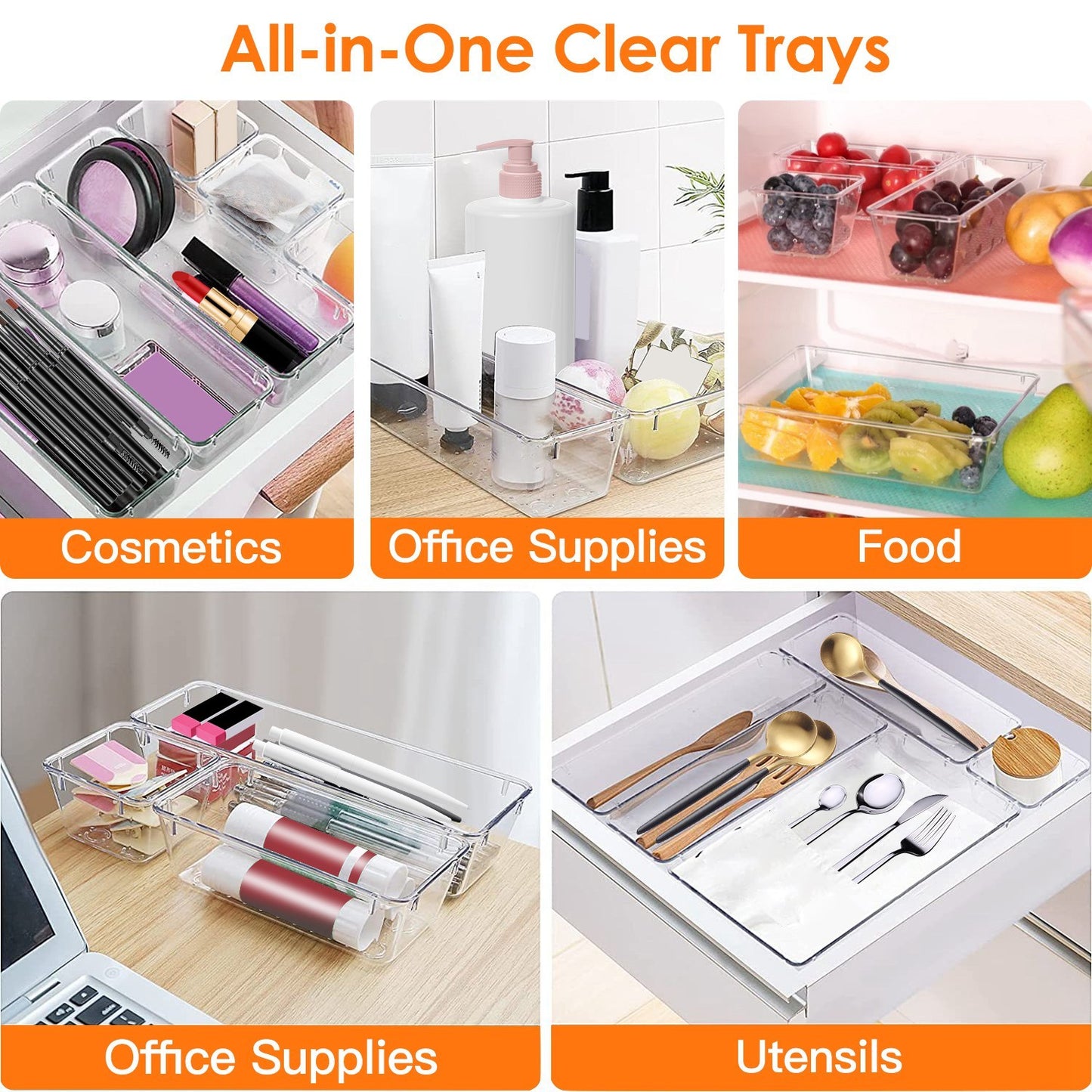 US Local 25Pcs Clear Plastic Drawer Organizers Set 4 Sizes Desk Drawer Dividers Trays Storage Bins For Vanity Cabinet Makeup Bathroom Office Kitchen Bedroom Jewelry