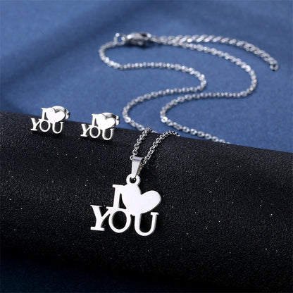 Stainless Steel Necklace Ear Stud Combination Suit