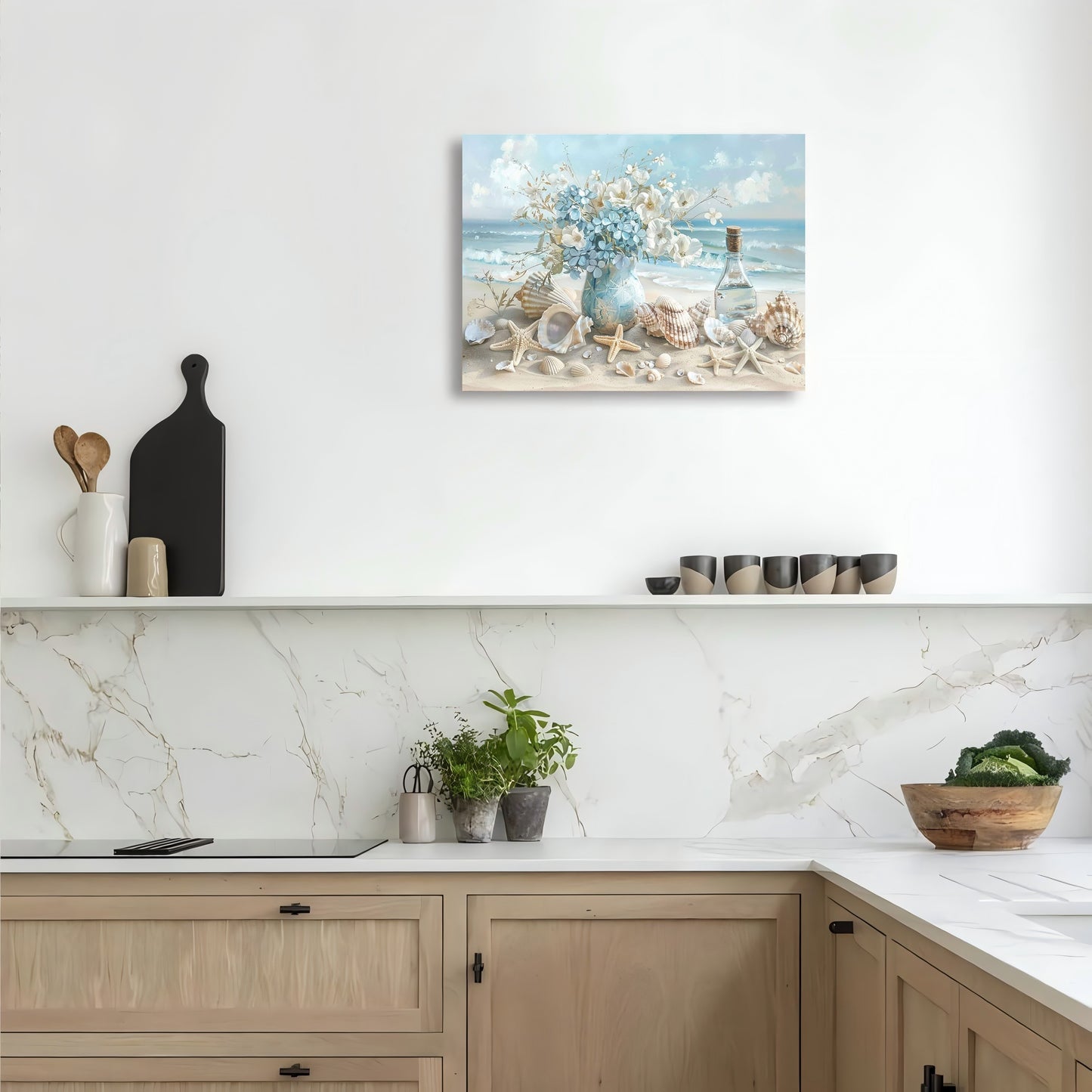 US Local 1 Piece Framed Wooden Canvas Painting, One Piece Blue Vase Floral Canvas Print, Wooden Frame Wall Art, Shell And Ocean Theme, Home And Office Decor, Suitable For Living Room, Bedroom, Kitchen, School