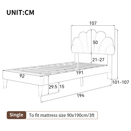 UK Local 3ft Single Upholstered Velvet Bed Frame, With Adjustable Chic Petal Headboard, Velvet Platform Bed Frame With Solid Wood Slat, No Box Spring Needed, Easy Assembly, Beige