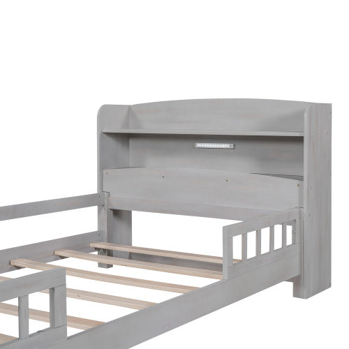US Local Wood Twin Size Platform Bed With Built-in LED Light, Storage Headboard And Guardrail, Antique Grey