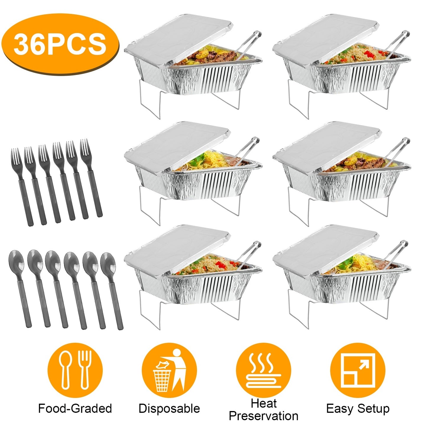 US Local 36Pcs Disposable Chafing Dish Buffet Set Food Warmers For Party Buffet Server Catering Supplies With Covers Utensils Half Size Food Pans For Parties Events BBQ Catering