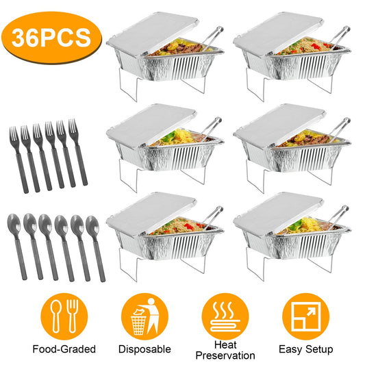 US Local 36Pcs Disposable Chafing Dish Buffet Set Food Warmers For Party Buffet Server Catering Supplies With Covers Utensils Half Size Food Pans For Parties Events BBQ Catering