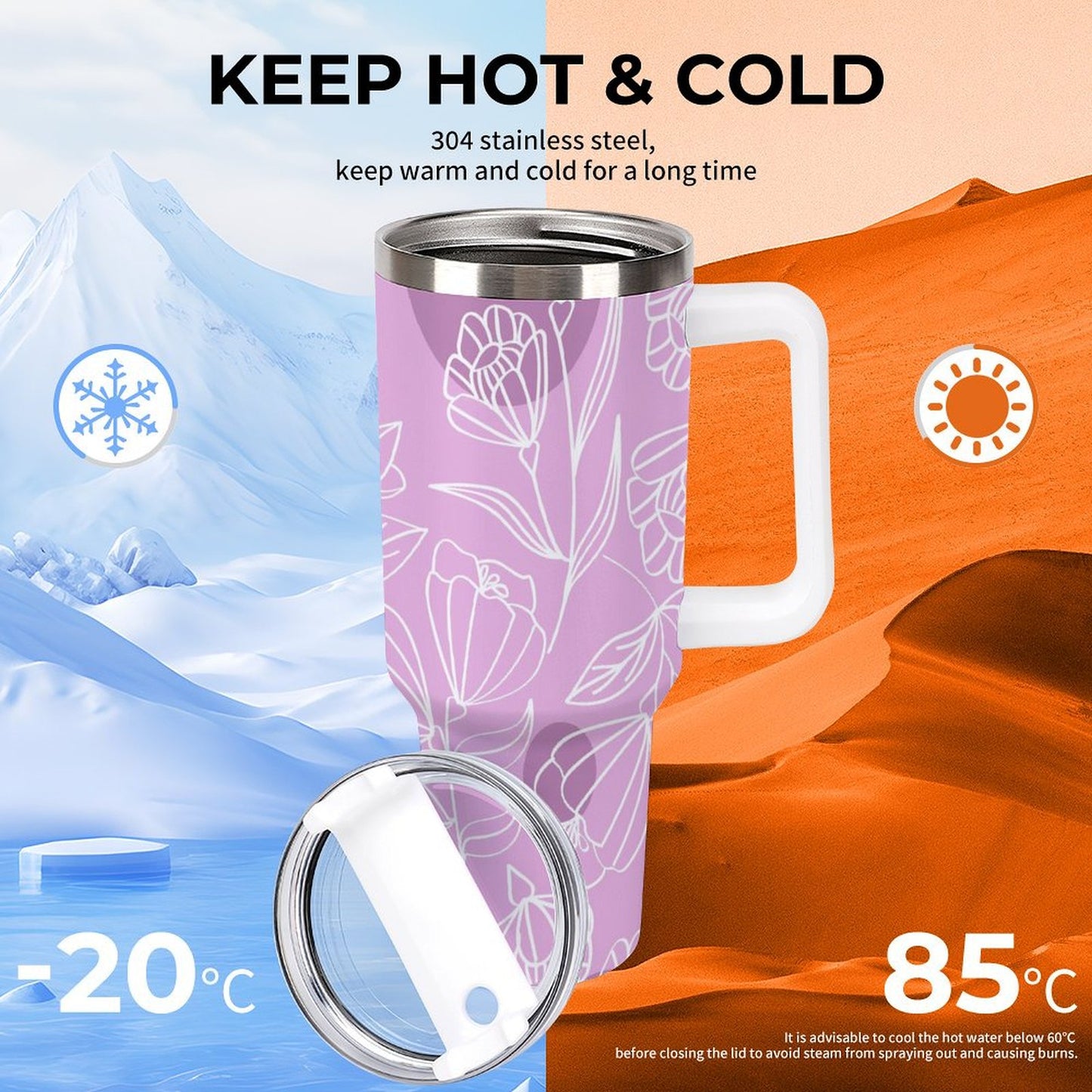 PHDT00373 POD US Local Tumbler 40 oz Large Capacity Car Cup Flowers, Pink Purple, Carving