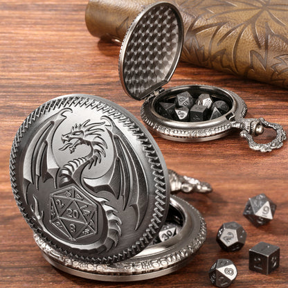 US Local Creative Thick Chain Pocket Watch Set, Equipped With 7 Mini DND Game Polyhedral Metal Dice Tabletop Role-playing Game Dice, Enhancing RPG Gaming Experience And Providing Players With Unique Gifts