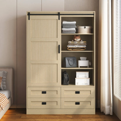 US Local Tall Bedroom Armoire Wardrobe Closet Clothing Storage Cabinet With Hanging Rod Barn Door Drawers Open Shelves