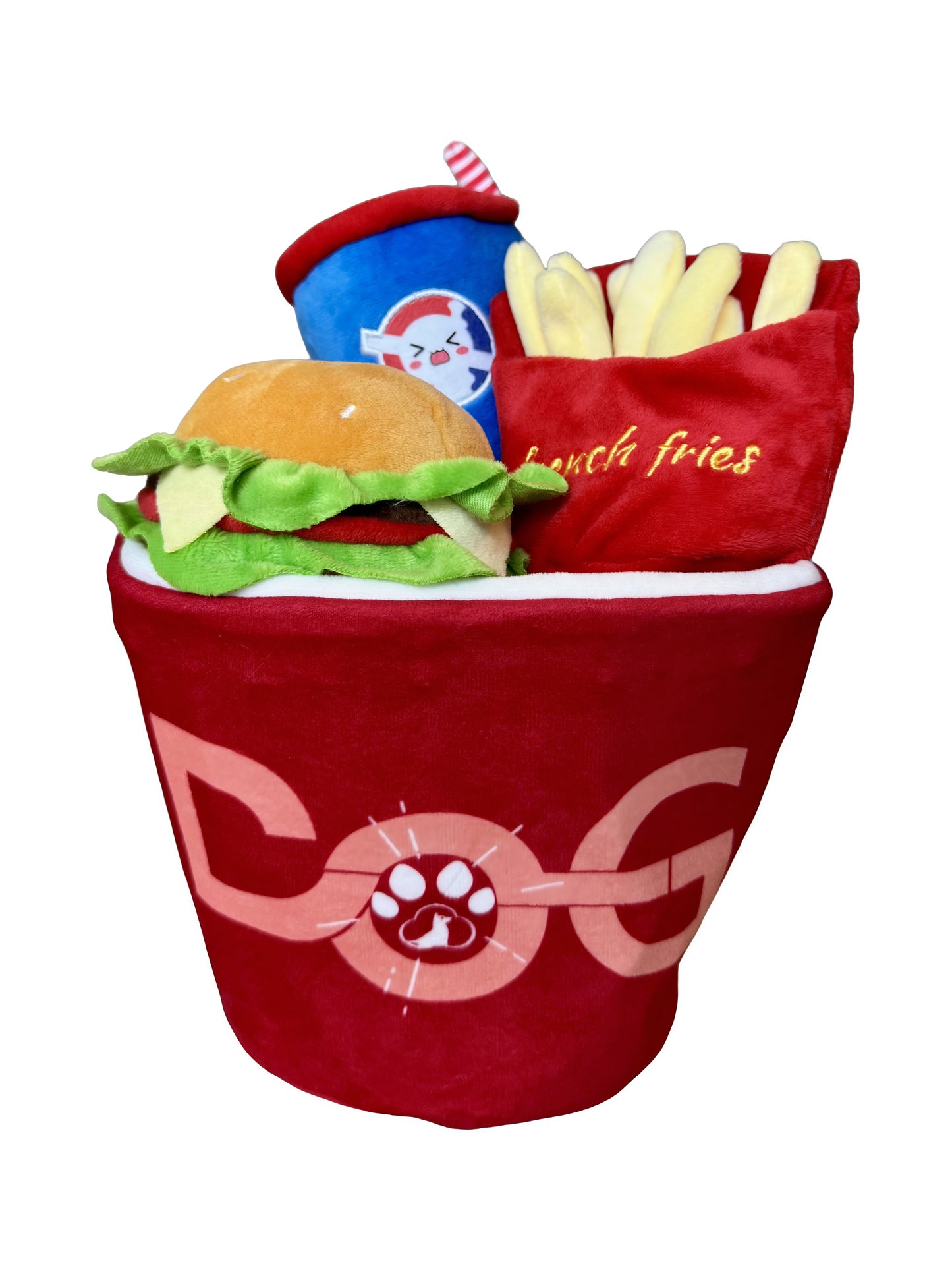 US Local 4-in-1 Fast Food Bucket Dog Toy Set, Squeaky Plush Bucket, Fries, Soda & Burger,