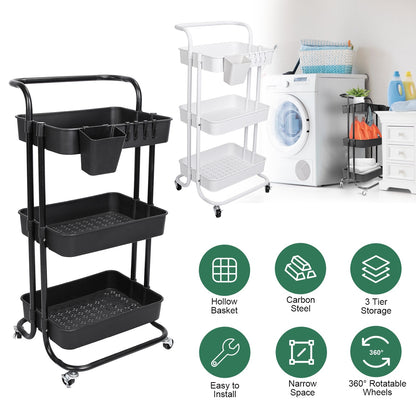 US Local Black-White Color Options 1Pc 3 Tier Rolling Utility Cart Movable Storage Organizer With Mesh Baskets Lockable Wheels 360 Degree Rotatable Hanging Box Hooks Bedroom Bathroom Kitchen