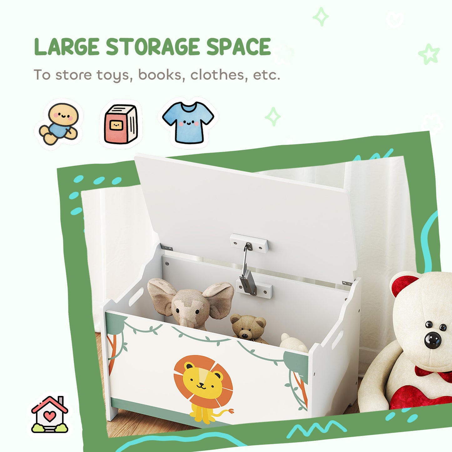 US Local Toy Box With Lid, Safety Hinges And Groove Handles, Toy Storage Organizer For Kids, Living Room, Playroom, Green