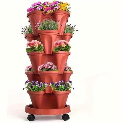 US Local 16 Pieces 5-Layer Stackable Flower Pots Vertical Garden Flowers Herbs Strawberry Vegetables Durable Plastic With Mobile Wheels Indoor And Outdoor Flower Pots