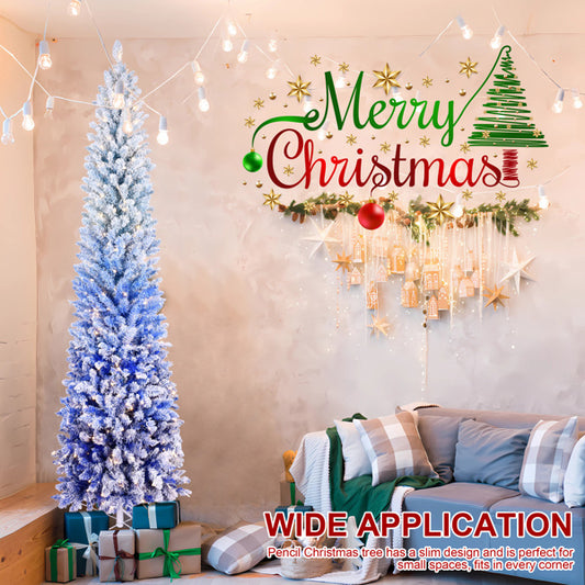 6FT Blue Gradient Flocked Pencil Christmas Tree With 200 Warm White LED Lights, 485 Tips, Hinged Branches, Slim Design, Metal Stand Narrow Prelit Tree For Holiday Home Decor