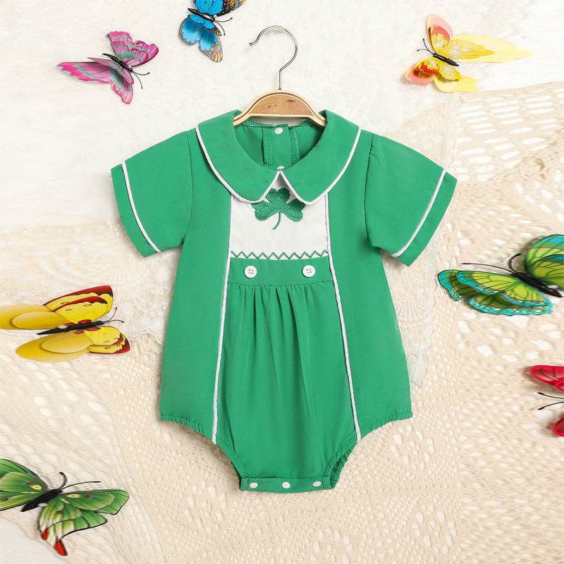 US Local Baby Green Lapel Short Sleeve Romper Clover Print Button Detail Playsuit With Snap Closure