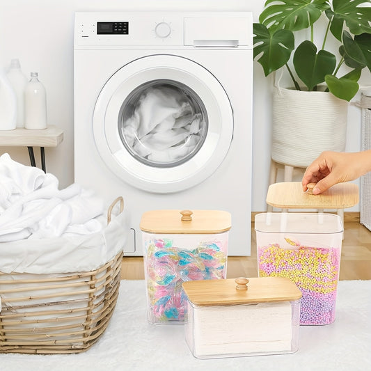 US Local 3-Pack Laundry Room Organization Storage Boxes, Clear Laundry Bead Containers And Dryer Sheet Holders Set With Lids And Labels For Detergent, Washing Powder, Dryer Balls, Laundry Beads