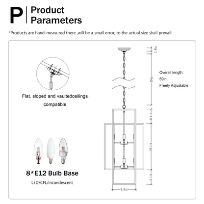 US Local 8-Light Metal Lantern Tiered Pendant Hanging Light Fixtures, Industrial Farmhouse Adjustable Height Chandeliers For Dining Room Hallway Foyer Entryway--Matte Black & Gold E12 Bulbs Not Included