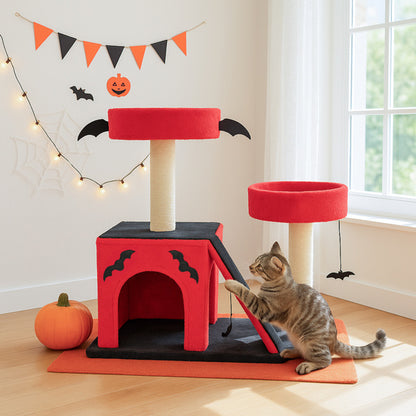 US Local Halloween Cat Climbing Frame Gothic Cat Tree, Cat Tower With Spacious Cat Condo, 2 Padded Perches, Spider Toy, Scratching Posts, Scratching Ladder For Large Cats, Red & Black