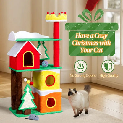 US Local 56 in Christmas Themed Plush Cat Tree, Multi-level Cat Tower With Cat Condos, Top Crown Perch, Sisal Ramp Scratching Posts, Large Cat Pet Activity Center For Indoor Cats