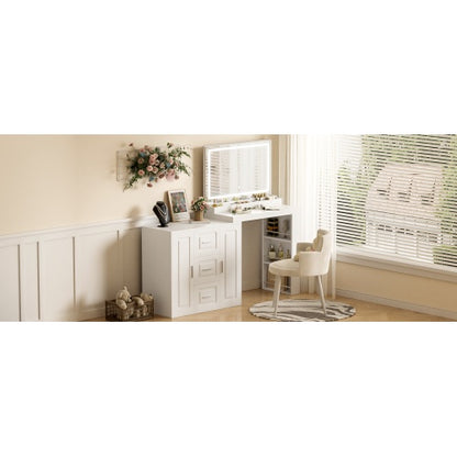 US Local 59 Makeup Vanity Desk With Mirror, Vanity Mirror With Lights, Dressing Table With 3 Drawers And 2 Cabinets, Vanity Table With Storage Shelves For Bedroom, White