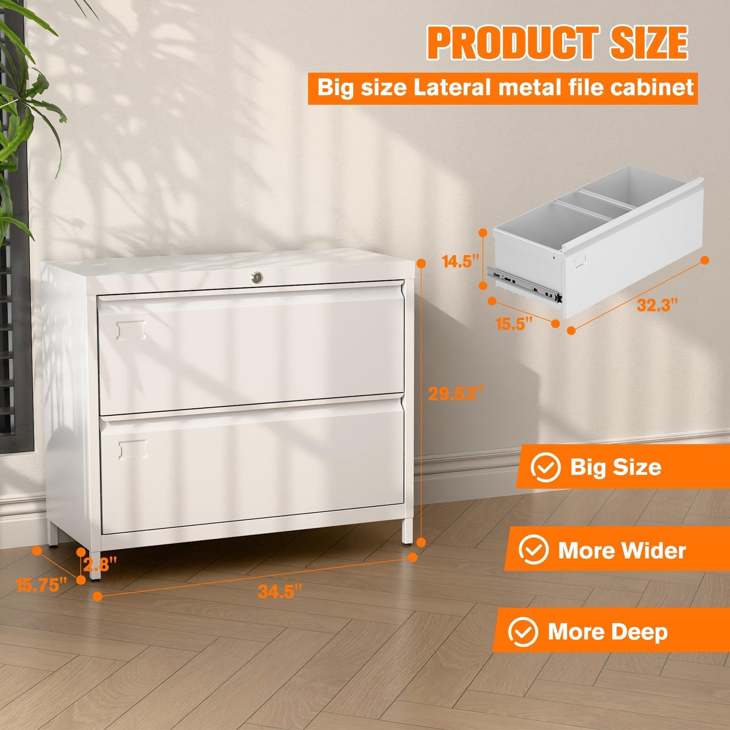US Local Metal Lateral File Cabinet, 2 Drawers Lateral Filing Cabinet, Office Wide Storage File Cabinet For Letter,Legal,A4 Size, Assembly Required