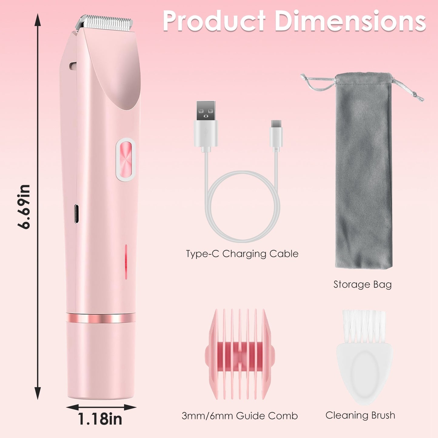 US Local 1Pc 2 In 1 Bikini Trimmer For Women Dual Head Cordless Body Shaver IPX7 Waterproof Rechargeable Pubic Hair Razor Wet And Dry Use For Bikini Underarm Leg Arm Body Face