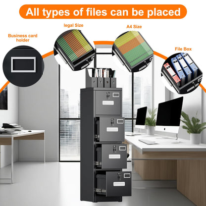 US Local 4 Drawer File Cabinet, Metal Vertical Black Filing Cabinets With Lock For Home Office With Name Card Holder For Letter,Legal,A4,F4 Size,Assemble Required