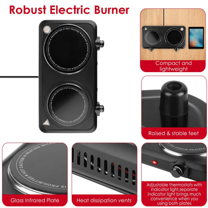 US Local 1Pc 2000W Electric Infrared Dual Burner Portable Heating Hot Plate Stove Countertop RV Hotplate With Glass Cooktop Stepless Temperature Adjustments For Home RV Camp