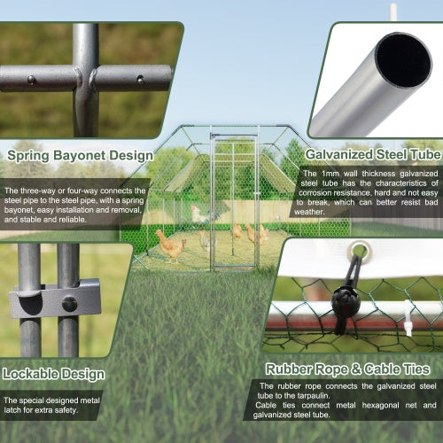 US Local 9.94 Ft. X 25.68 Ft. Galvanized Large Metal Walk In Chicken Coop Cage Farm Poultry Run Hutch Hen House