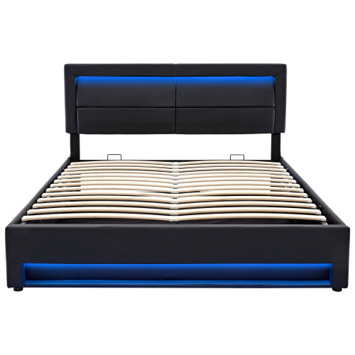 UK Local Upholstered Bed 135 X 190 Cm,Double Bed-4ft6,with USB Port  Supports Wireless And Wired Charging, With LED Lighting And Storage Space, Without Mattress, PU-Lychee Design, Black