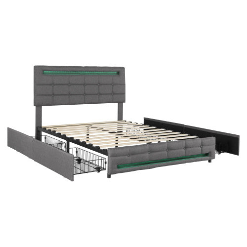 UK Local 4ft6 Double Upholstered Bed With LED Lighting And Storage Drawers, Linen Fabric Storage Bed Frame With Adjustable Button Tufted Headboard, No Box Spring Needed, Easy Assembly, Grey