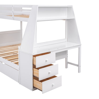 US Local Twin Full Bunk Bed W Trundle, Desk, 3 Drawers  Shelf - White