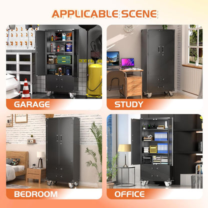 US Local Rolling Storage Cabinet With 2 Doors And 2 Drawers, Metal Storage Cabinet With Doors And Shelves, Locking Steel Cabinet For Warehouse, Home, Office Black