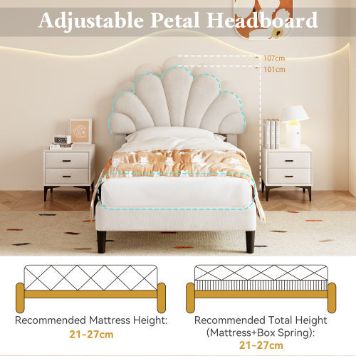 UK Local 3ft Single Upholstered Velvet Bed Frame, With Adjustable Chic Petal Headboard, Velvet Platform Bed Frame With Solid Wood Slat, No Box Spring Needed, Easy Assembly, Beige