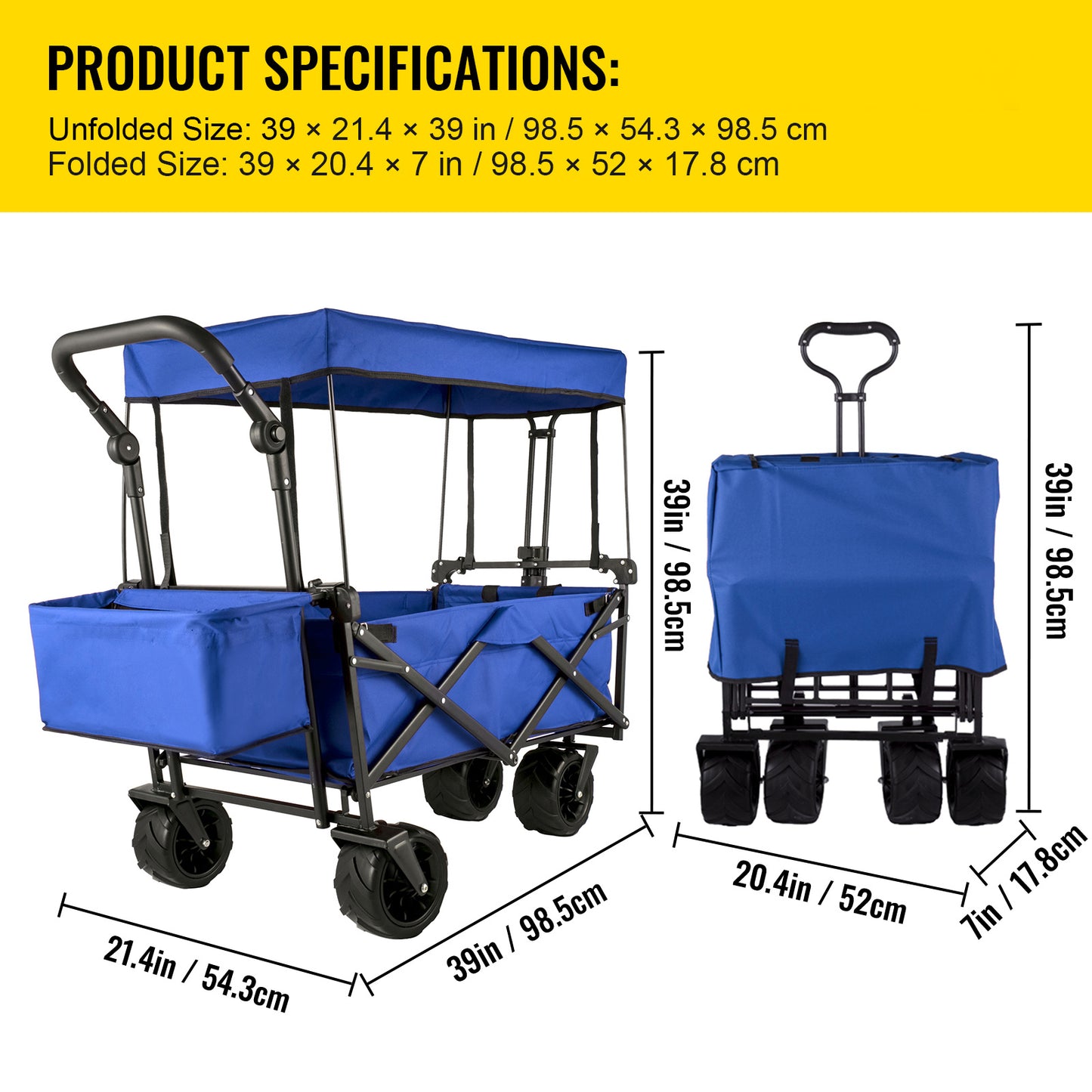 US Local VEVOR Extra Large Collapsible Garden Cart With Removable Canopy, Folding Wagon Utility Carts With Wheels And Rear Storage, Wagon Cart For Garden, Camping, Grocery Cart, Shopping Cart, Blue