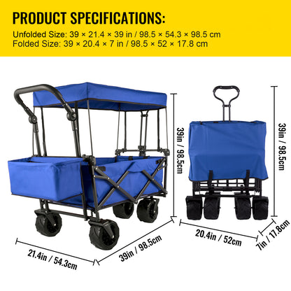 US Local VEVOR Extra Large Collapsible Garden Cart With Removable Canopy, Folding Wagon Utility Carts With Wheels And Rear Storage, Wagon Cart For Garden, Camping, Grocery Cart, Shopping Cart, Blue