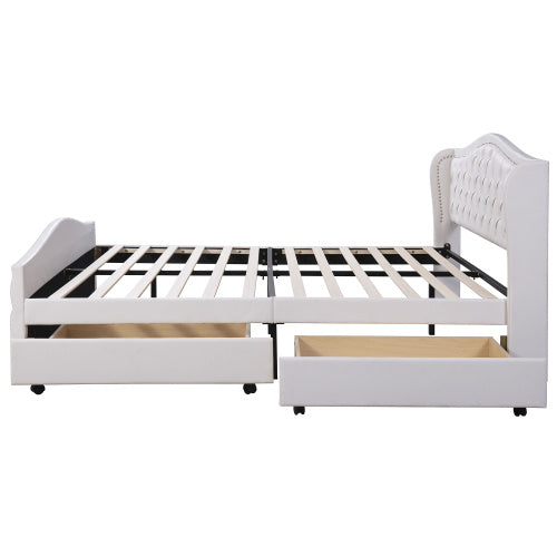UK Local Upholstered Bed 135 X 190cm - Bed With Slatted Frame, 2 Drawers And Headboard With Pull Point Rivets - Wood & Faux Leather - White - Youth Bed Guest Bed