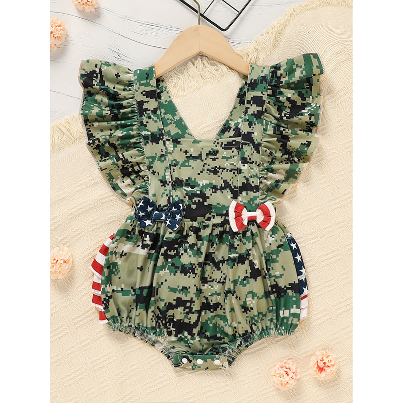 US Local Baby's Girl 4th Of July Independence Day Style Camouflage Pattern Triangle Bodysuit, Casual Sleeveless Romper, Toddler & Infant Girl's Onesie
