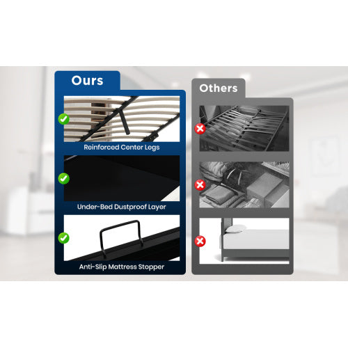 UK Local Upholstered Double Bed 135 X 190cm With Wireless Charging  USB Tyep-C, Hydraulic Storage Bed With Hydraulic Lever, Linen Fabric 4FT6 Double Bed Frame With Large Storage Space, Grey No Mattress