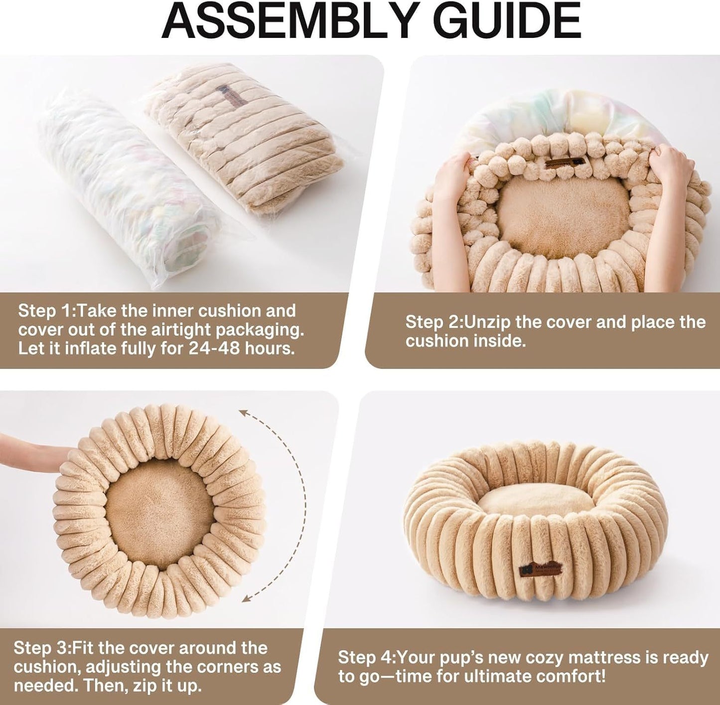 MEWOOFUN Donut Dog Bed For Medium Dogs - Calming Pet Bed With Non-Slip Bottom, Washable For Pets Up To 45 Lbs Light Brown