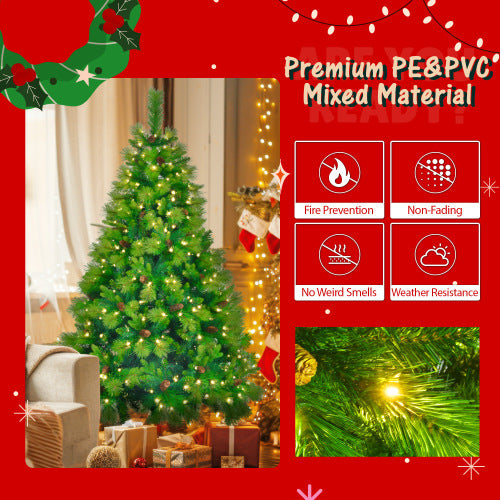 US Local 6FT Grass Green Christmas Tree, Large Branches Pine Tree, Pre-Lit Set With Tree  Garland & Wreath, Artificial Christmas With Pine Cones, Hinged Xmas Tree , For Holiday Party Ofiice Home