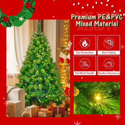 US Local 6FT Grass Green Christmas Tree, Large Branches Pine Tree, Pre-Lit Set With Tree  Garland & Wreath, Artificial Christmas With Pine Cones, Hinged Xmas Tree , For Holiday Party Ofiice Home