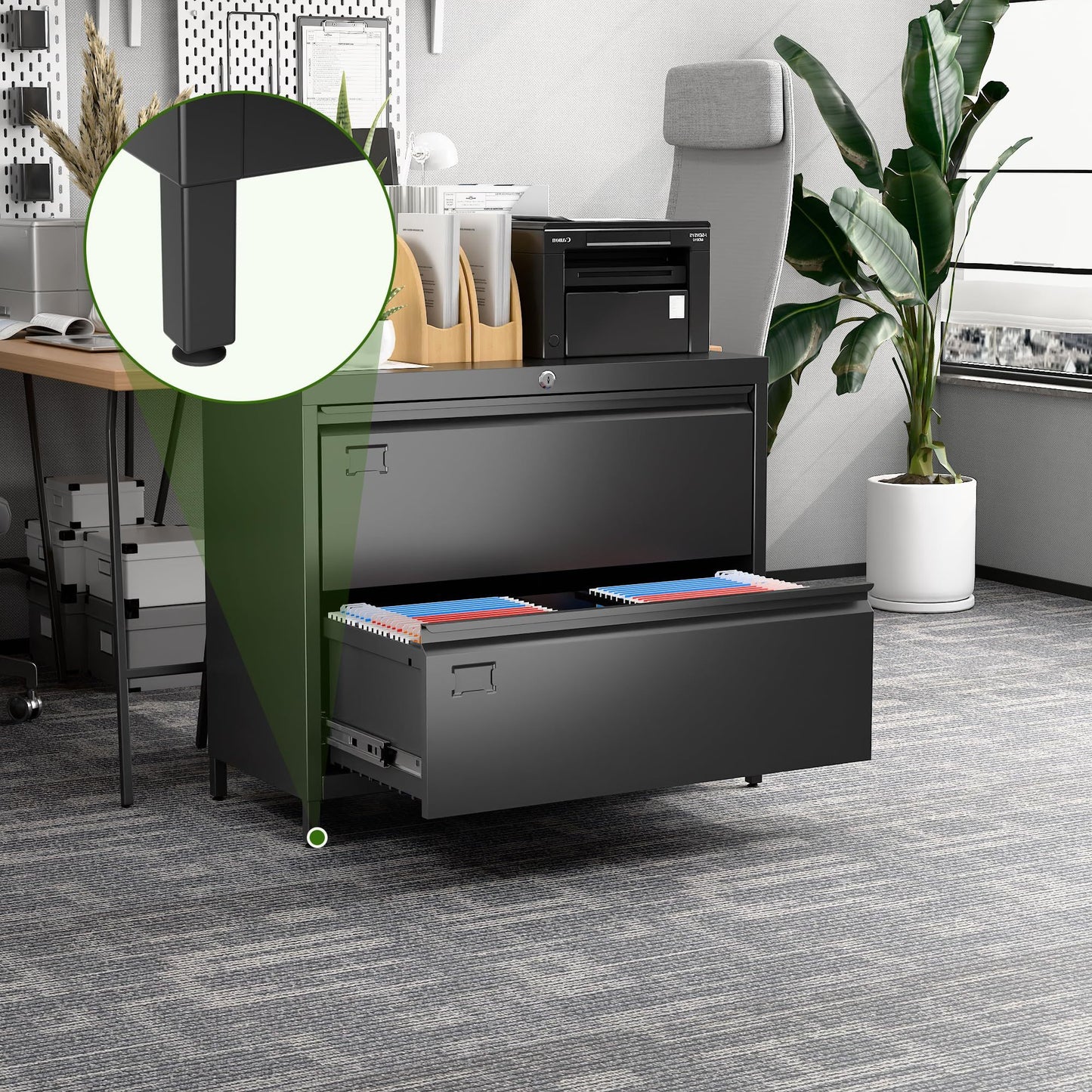 US Local Lateral File Cabinet With 2 Drawer,Metal Wide Filing Cabinet With Lock And Business Card Slot For Home Office School Hanging Letter,Legal,F4,A4 Size Folders,Required Assembly,Black