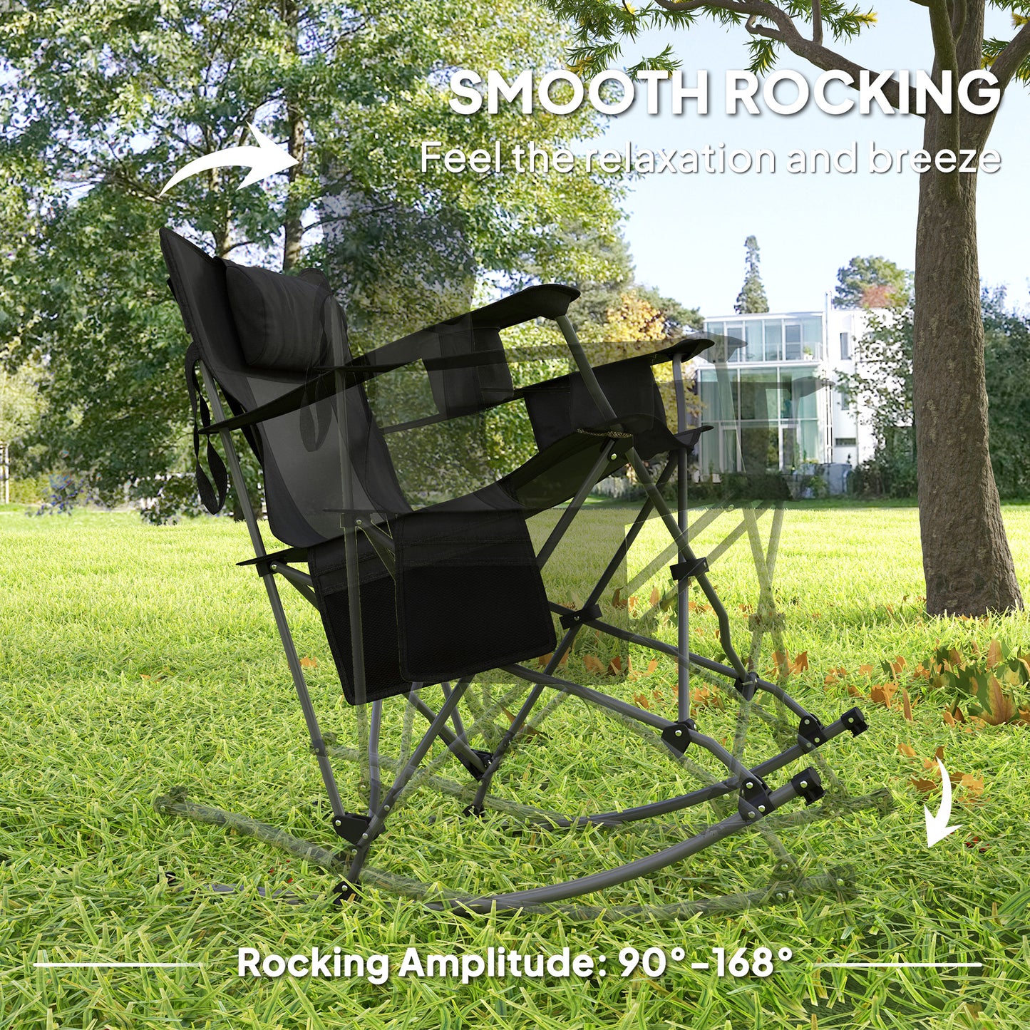 US Local Folding Rocking Camping Chairs, Portable Chairs With Headrest, Cooler Bag, Cup Holder, Carry Bag, 2 Pack, Black