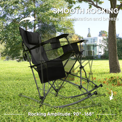 US Local Folding Rocking Camping Chairs, Portable Chairs With Headrest, Cooler Bag, Cup Holder, Carry Bag, 2 Pack, Black