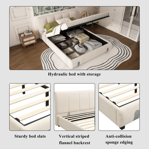 UK Local Upholstered Hydraulic Bed, For Adults And Teenagers, 4ft6 Double Bed 135x190cm, Under-bed Storage Space, Soft Headboard, MDF  Velvet  Plywood, White