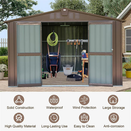 US Local Outdoor Storage Shed 10'x8', Metal Tool Sheds Storage House With Lockable Double Door,Large Bike Shed Waterproof For Garden,Backyard,Law Brown