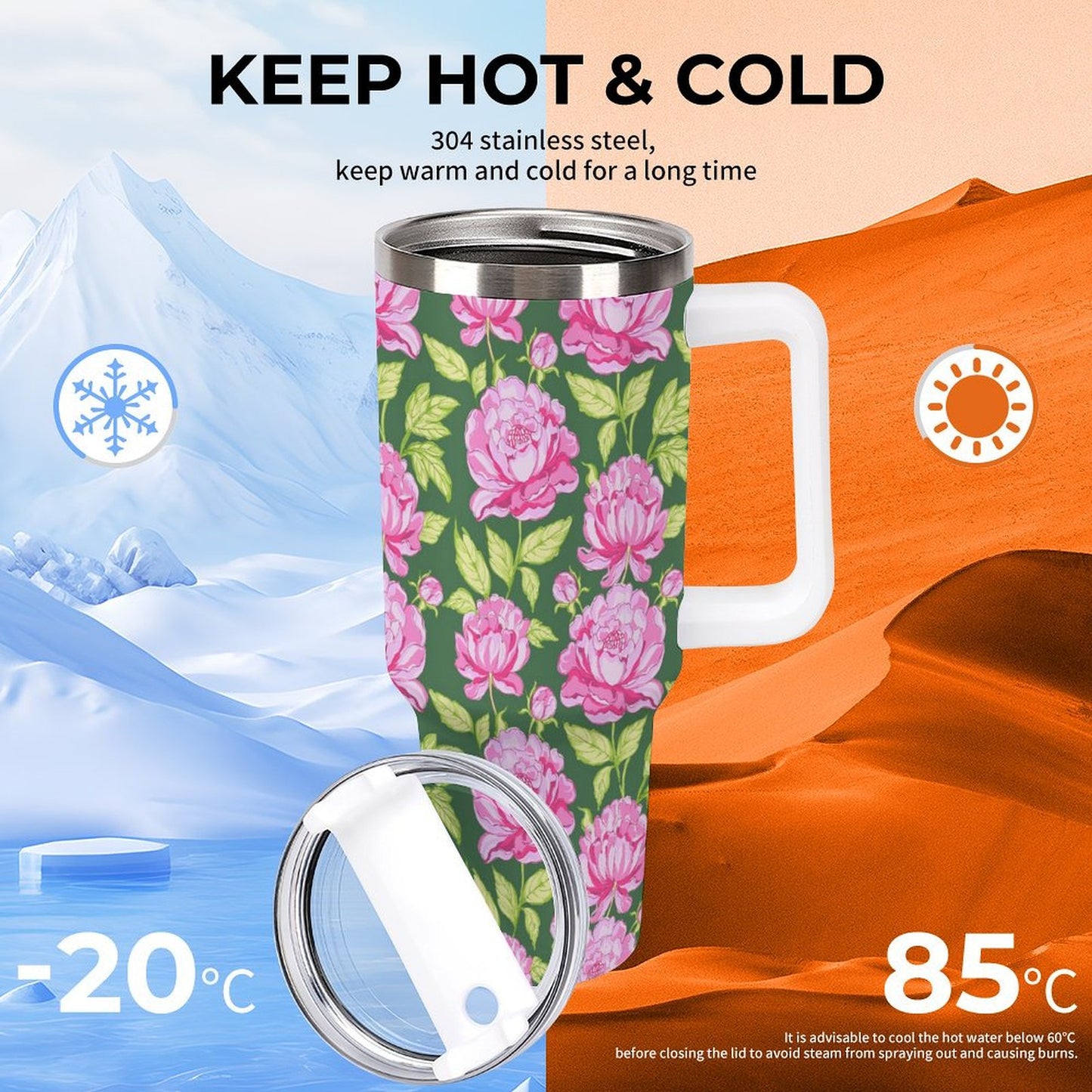 PHDT00430 POD US Local Tumbler 40 oz Large Capacity Car Cup Pink, Peony, Pink Green